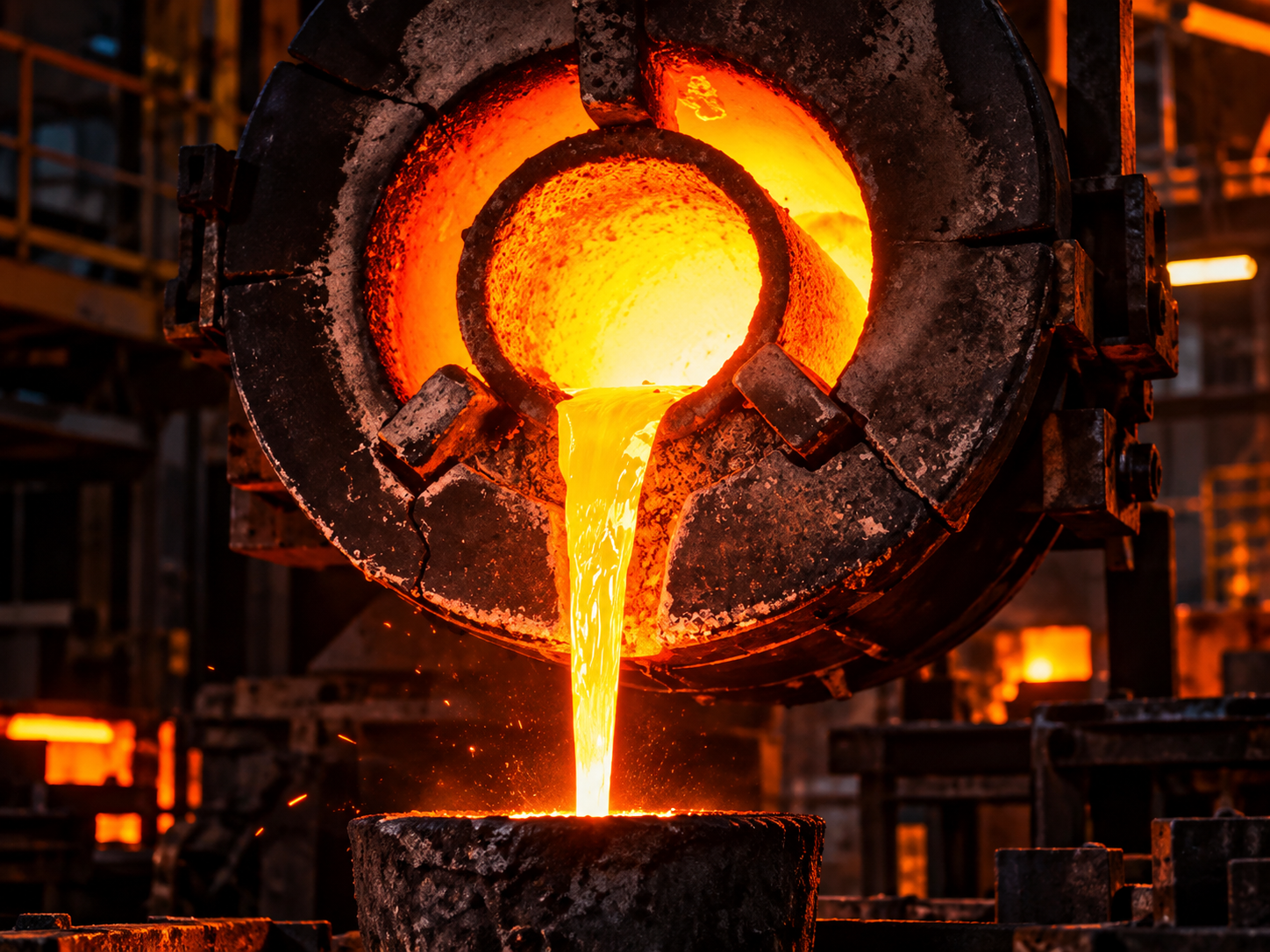 Steel worker raking an industrial foundry furnace